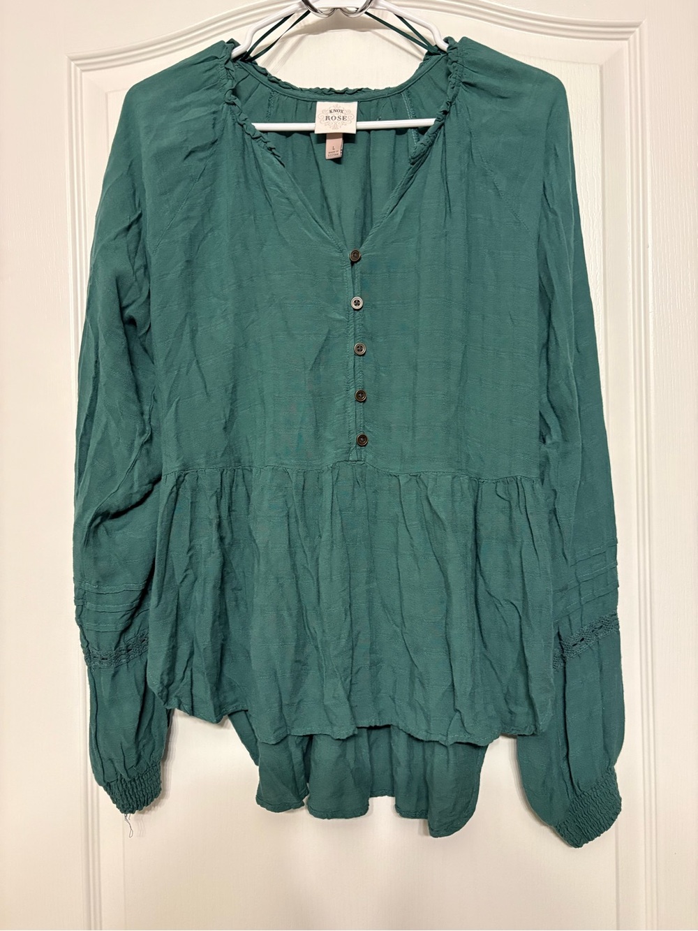 Knox Rose Teal Peasant Blouse with Button Placket